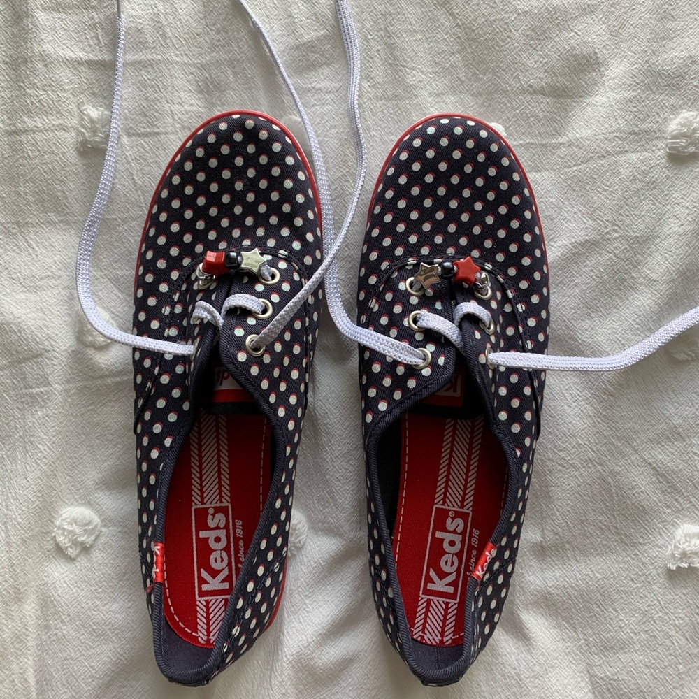 red white and blue polka dot keds